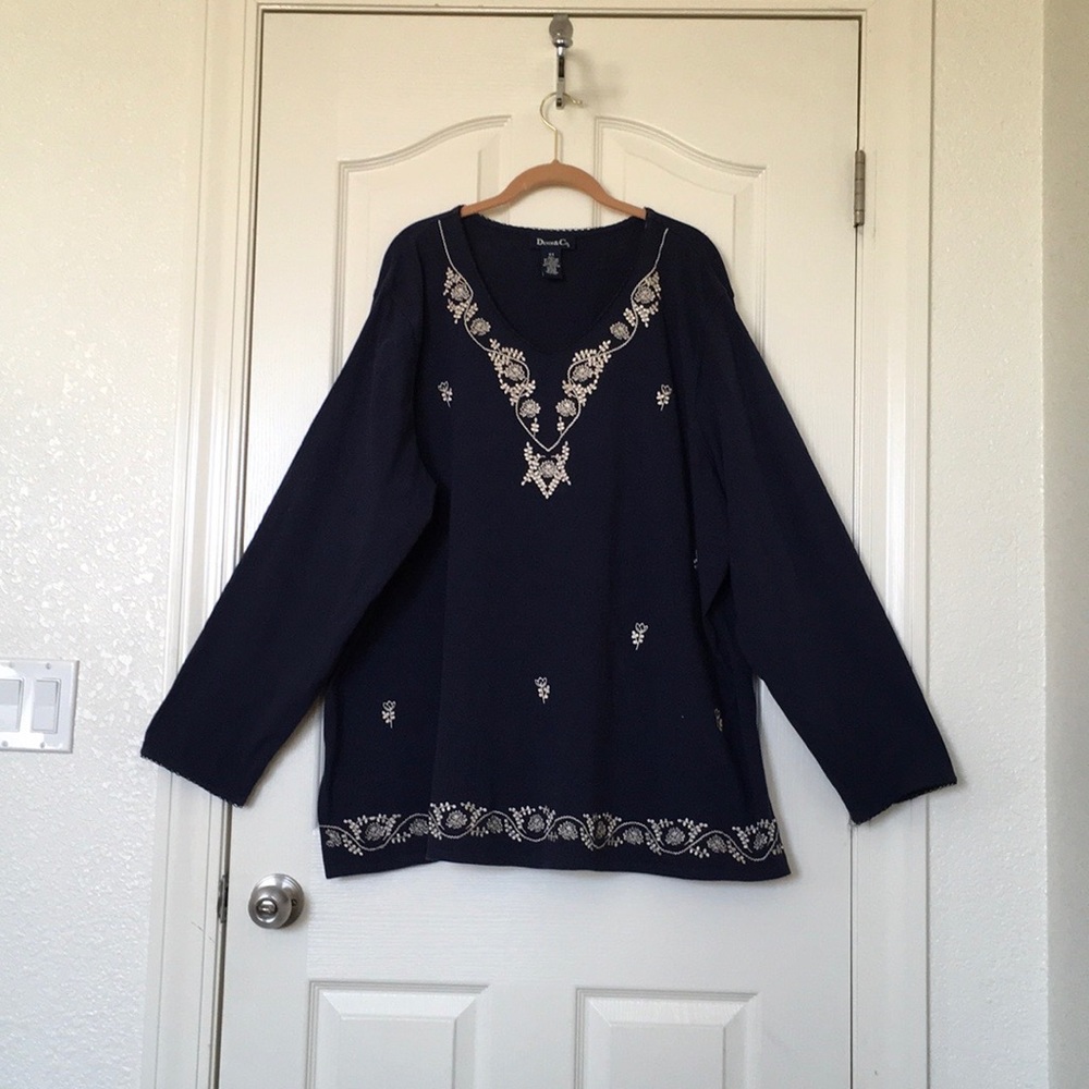 Denim & Co Woman’s 3X Blue Embroidered Long Sleeve Blouse Pullover